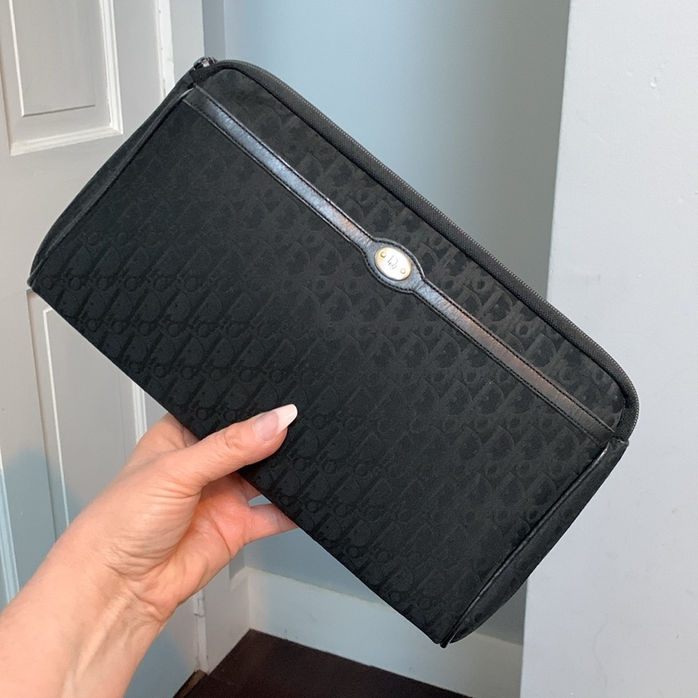 Authentic Christian Dior all black signature print lightweight zip top clutch